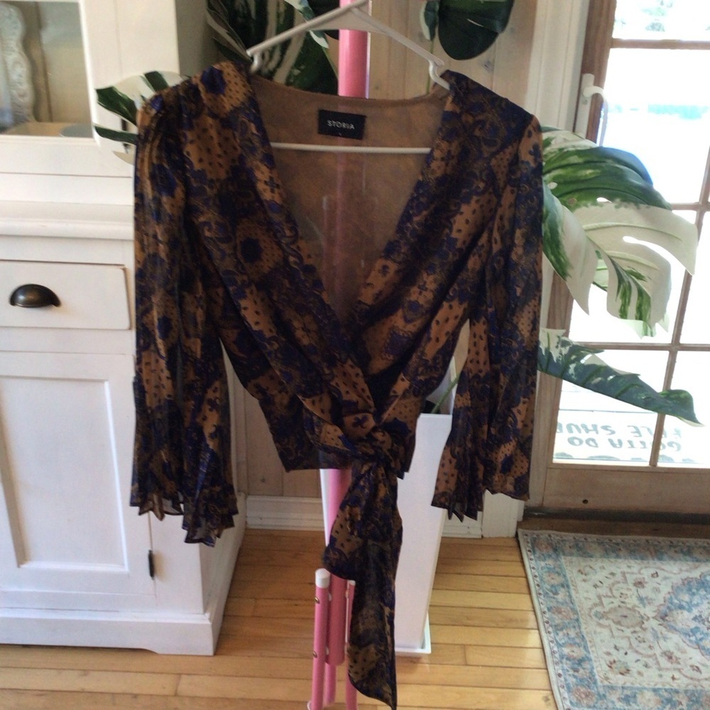 Storia Elegant Blue and Mustard Wrap Blouse #0088